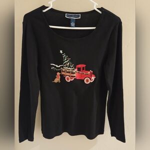 Karen Scott Embellished Graphic Print Long Sleeve Christmas Top Tree Truck Dog M